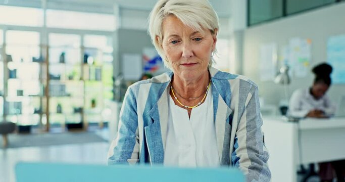 Woman, CEO and laptop in office for planning, management or monitoring operations. Female person, smile and reading with technology at work for job, emails or communication with staff at workplace