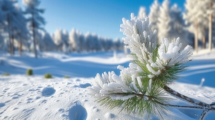 Winter wonderland with snowy trees and frost, depicting a serene and picturesque forest scene in a cold, icy environment