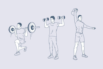 Set of outline illustrations of man physical fitness
