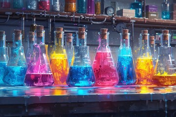 Colorful Chemistry Exploring the World of Science Through Vibrant Glassware Generative AI - obrazy, fototapety, plakaty
