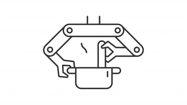 Animated cooking robot icon. Kitchen process automatization line animation. Robotic arm pot stirring. Black illustration on white background. HD video with alpha channel. Motion graphic