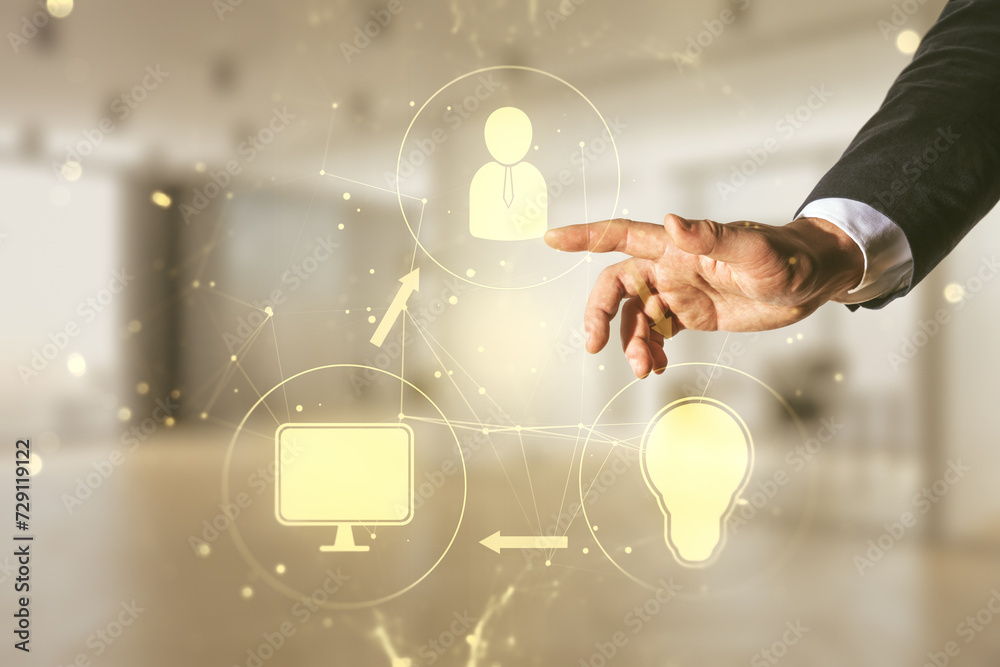 Poster man hand clicks on abstract virtual social network hologram on blurred office background. double exp