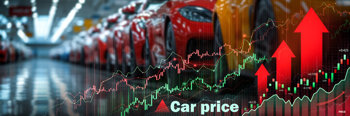 A range of colorful cars in a showroom with overlaid dynamic financial graphs depicting car price...