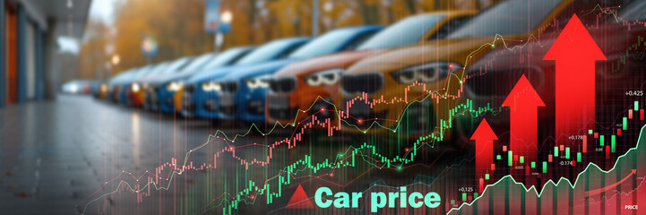A lineup of cars at a dealership with superimposed financial growth charts indicating rising car...
