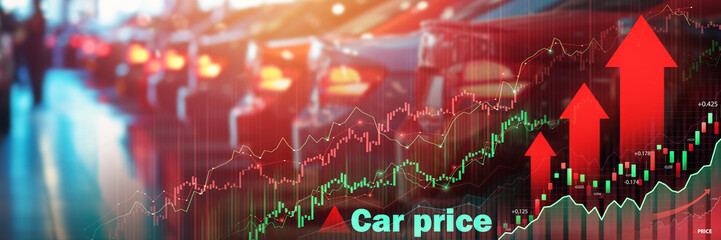 A range of colorful cars in a showroom with overlaid dynamic financial graphs depicting car price...