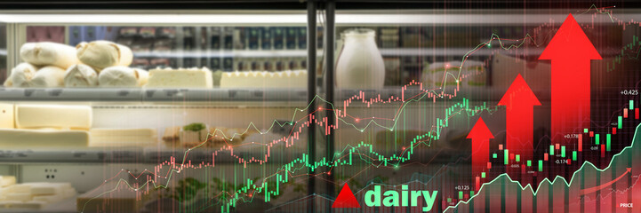 Refrigerated dairy products display with an overlay of rising financial graphs symbolizing market price trends in the dairy industry - obrazy, fototapety, plakaty