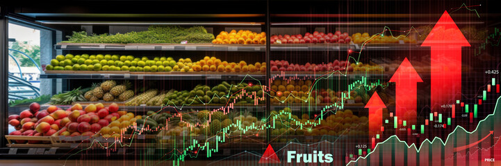 Assortment of fresh fruits in a market overlaid with financial growth charts, representing the...