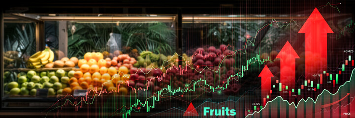Assortment of fresh fruits in a market overlaid with financial growth charts, representing the...