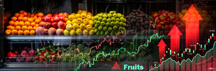 Assortment of fresh fruits in a market overlaid with financial growth charts, representing the economic trends in fruit pricing