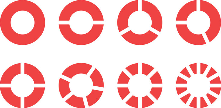 Sliced circle. Fractions pie divided for math. Red circle pie with pieces. Segment slice set. Vector illustration