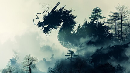 Black silhouette of oriental mythical forest dragon among trees. Nature spirit concept