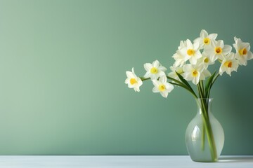 Blossom daffodils in glass vase near light blue studio wall, space for text