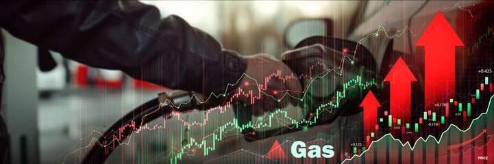 Hand adjusting gas stove with overlaid financial graphs, symbolizing gas market trends - obrazy, fototapety, plakaty