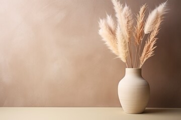 Pampas grass in ceramic vase near studio wall background, space for text