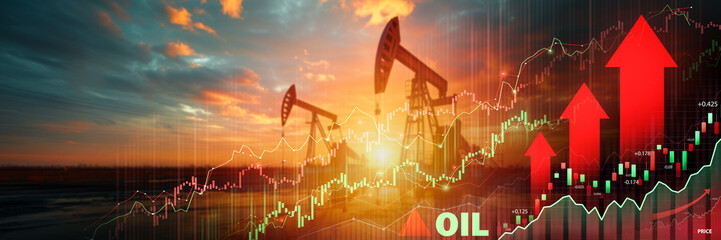 Oil derrick silhouette against a fiery dawn sky, overlaid with rising financial graphs