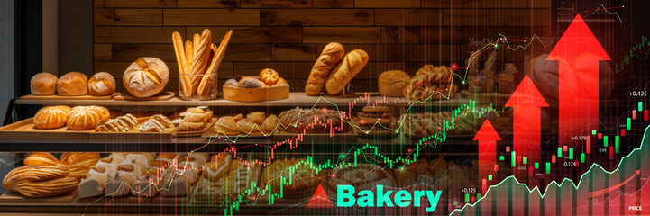 A bakery display overlaid with rising financial graphs, symbolizing business growth