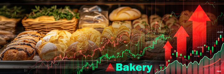 Assorted bread in a bakery overlaid with upward trending financial growth charts, symbolizing...