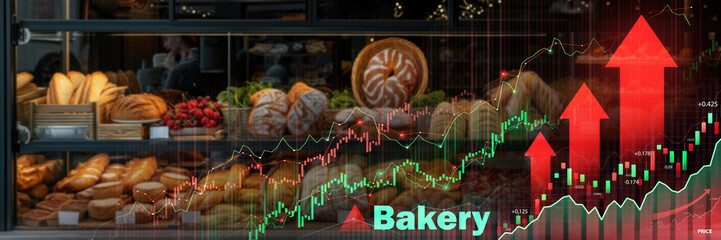 Assorted bread in a bakery overlaid with upward trending financial growth charts, symbolizing...
