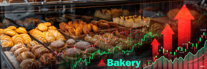 A bakery display overlaid with rising financial graphs, symbolizing business growth