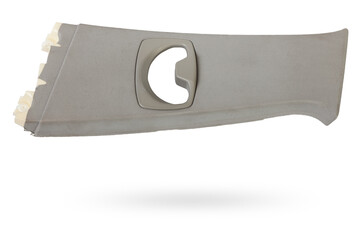 Gray front pillar trim - car interior part and element on white isolated background. Auto service industry. Spare parts catalog.