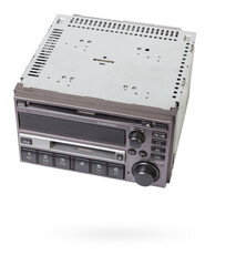 an media audio system and a radio in gray and black plastic of car with cd and mp3 music on white isolated background
