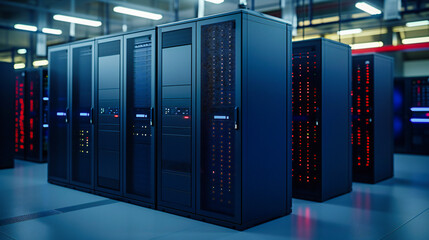 Modern computing environment with server racks and high-tech equipment, emphasizing the importance of data storage and network security in a digital age