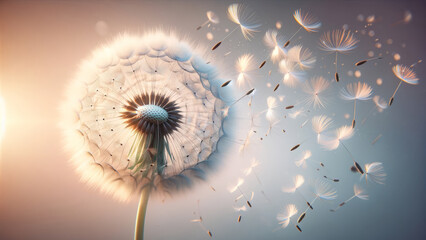 Dreamy Nature Scene of Blowing Dandelion Seeds