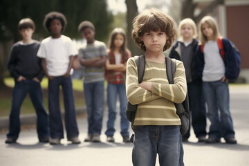 Obraz premium Group of teenagers at school looks at a shy newcomer 