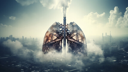 carbon footprint, smoke pollution of the atmosphere, pipes with smoke in the shape of human lungs, air pollution, eco concept fictional design poster - obrazy, fototapety, plakaty