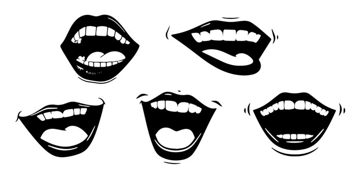 Lips laughing, girl lipstick vector illustration. Mouth expressions in style of hand drawn black doodle on white background. Smile emotions silhouette grunge sketch