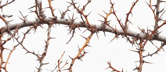 Obraz premium Wild acacia thorns texture displayed on a white background banner.