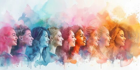 Diverse multiracial and multigenerational women celebrating friendship and happiness. Women's day concept in watercolor style panorama - obrazy, fototapety, plakaty