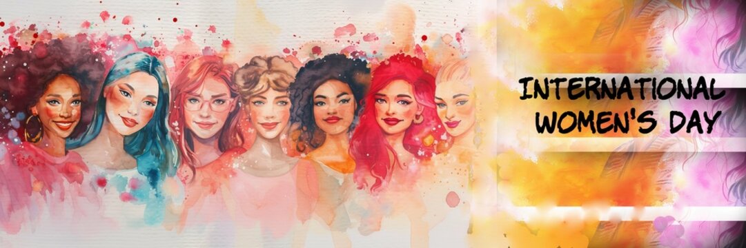 Diverse multiracial and multigenerational women celebrating friendship and happiness. Women's day concept in watercolor style panorama
