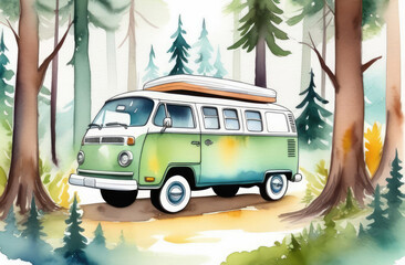 watercolor illustration of green camper van parked in forest. vacation in wild nature.