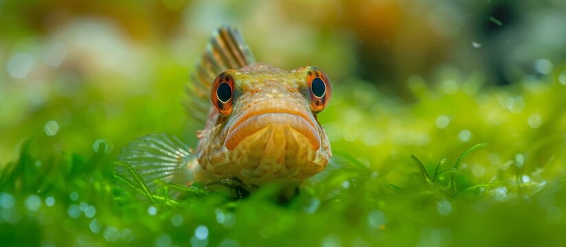 Menacing Tripterygion delaisi portrayed with cute Black faced blenny among green algae.
