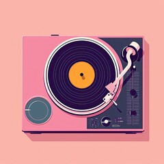 Flat Illustration of DJ Turntable with Vinyl Isolated on Pink Background