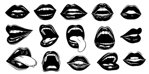 Lips kiss, girl lipstick vector illustration. Mouth expressions in style of hand drawn black doodle on white background. Smile emotions silhouette grunge sketch