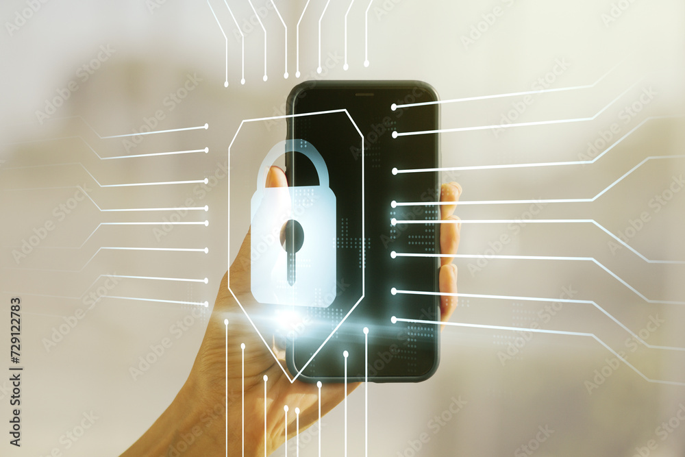 Poster creative lock illustration with microcircuit and hand with mobile phone on background, cyber securit