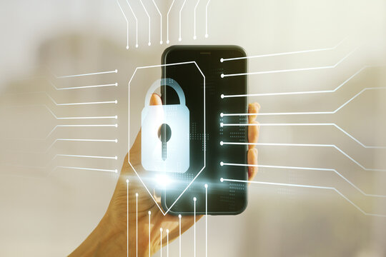 Creative lock illustration with microcircuit and hand with mobile phone on background, cyber security concept. Multiexposure