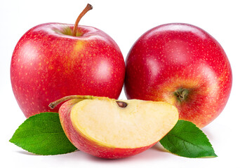 Ripe red apples and apple slice isolated on white background.