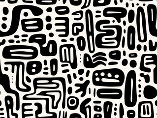 Perfectly seamless pattern, vector repeated abstract african texture. Tribal shapes background, black and white monochrome wallpaper