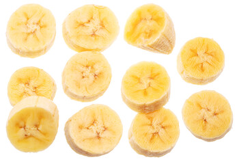 Collection of peeled baby banana slices on white background. File contains clipping paths.