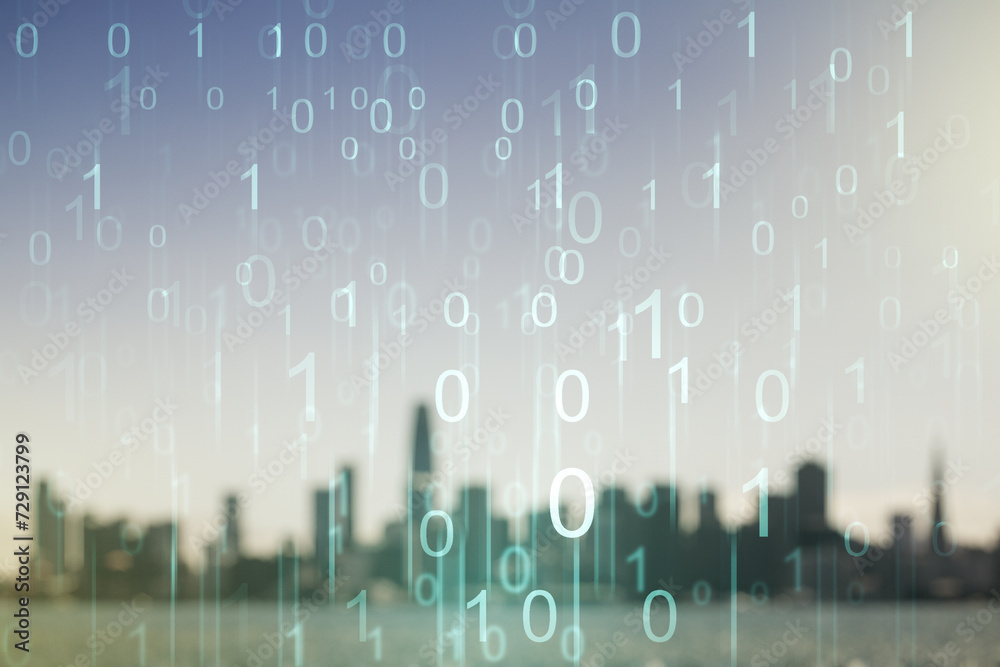 Aufkleber abstract virtual binary code illustration on blurry skyline background. big data and coding concept.