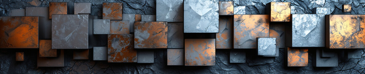A textured 3D wall of interlocking rusty and slate gray cubes, suggesting urban decay and modern art juxtaposition.