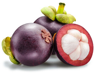 Mangosteen fruits and cross slice of mangosteen isolated on white background. File contains...