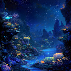 A mystical seascape at night, with a variety of bioluminescent creatures like fish and corals creating an underwater light show. 