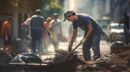 A community cleanup crew clearing debris from the streets. - obrazy, fototapety, plakaty