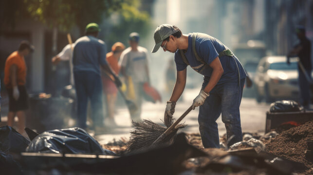 A community cleanup crew clearing debris from the streets.
