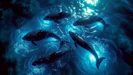 a tranquil ocean, where bioluminescent whales and dolphins create a symphony of light under the moon