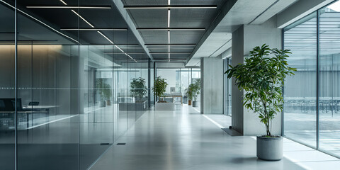 Empty modern glass facade office interior